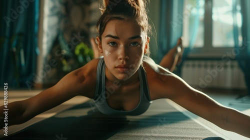 Young woman performing a plank exercise at home. Focusing on fitness and a healthy lifestyle to lose weight and stay fit.