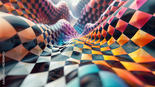 a black-and-white and colorful landscape where the ground itself is made up of checkerboards in perpetual motion photo