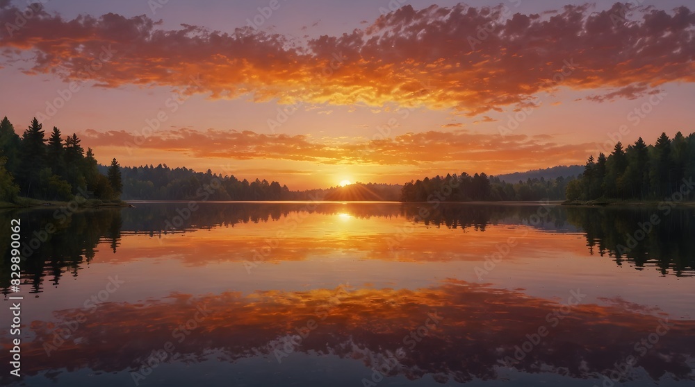The breathtaking sunrise over a tranquil lake, painting the sky with hues of pink, orange, and gold ai_generated