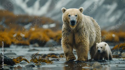 A journey of dirty polar bears with their cubs, navigating melting ice due to global warming. the impact of climate crisis on wildlife, the struggle and migration of arctic animals.