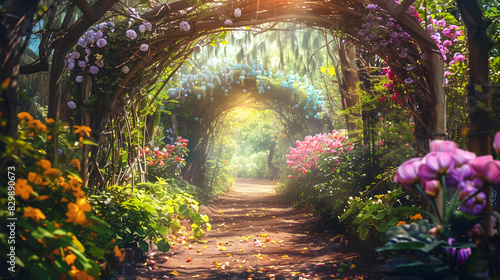 Fototapeta Naklejka Na Ścianę i Meble -  beautiful secret fairytale garden with flower background. Generative AI.