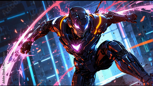 Anime 3D poster cartoon comics scene superhero invader superpower hitting enemy