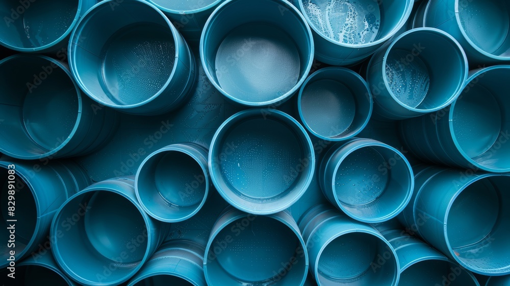 Blue plastic water pipes arranged in a pattern, captured in a high-contrast image to emphasize their structure and material