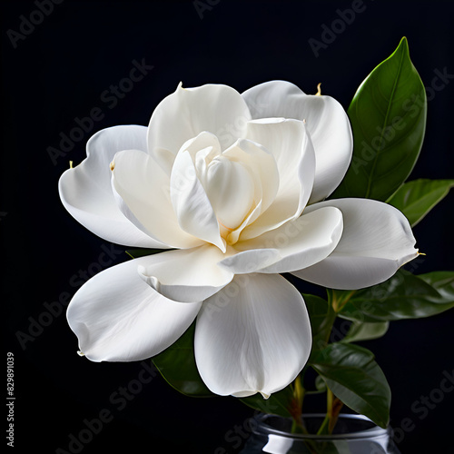 close up image of a white gardenia flower isolated on dark blue in a vase black baground generate ai