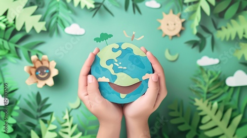 Hands holding a smiling earth paper cutout, symbolizing Earth Day, sustainable living, and climate action