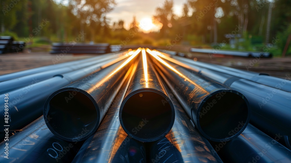 Sun Rays Pvc Thinner Black PVC plastic pipes stacked in a large outdoor lot, with sun rays ...