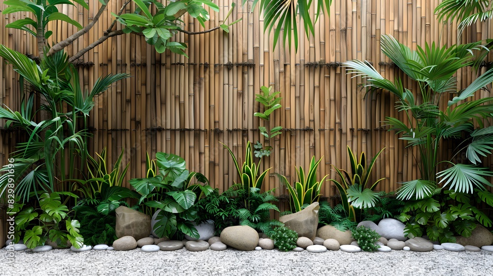 A bamboo fence with tropical plants and pebbles, creating an exotic garden backdrop in the style of nature. A bamboo fence with tropical plants and pebbles, creating an exotic garden backdrop in the style of nature.