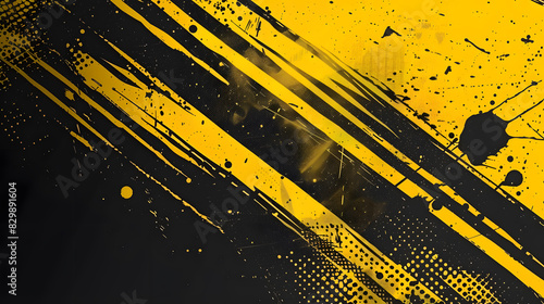 Black and yellow abstract background with brushstroke and halftone style. Generative AI.