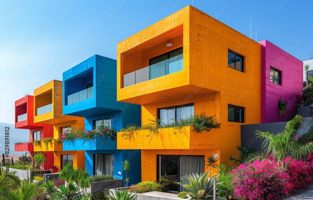Fototapeta premium Colorful house facade for architectural themes created with Generative AI technology