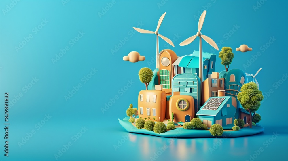Obraz premium A Vibrant 3D Cartoon Illustration of a Futuristic Sustainable City for Environment Day