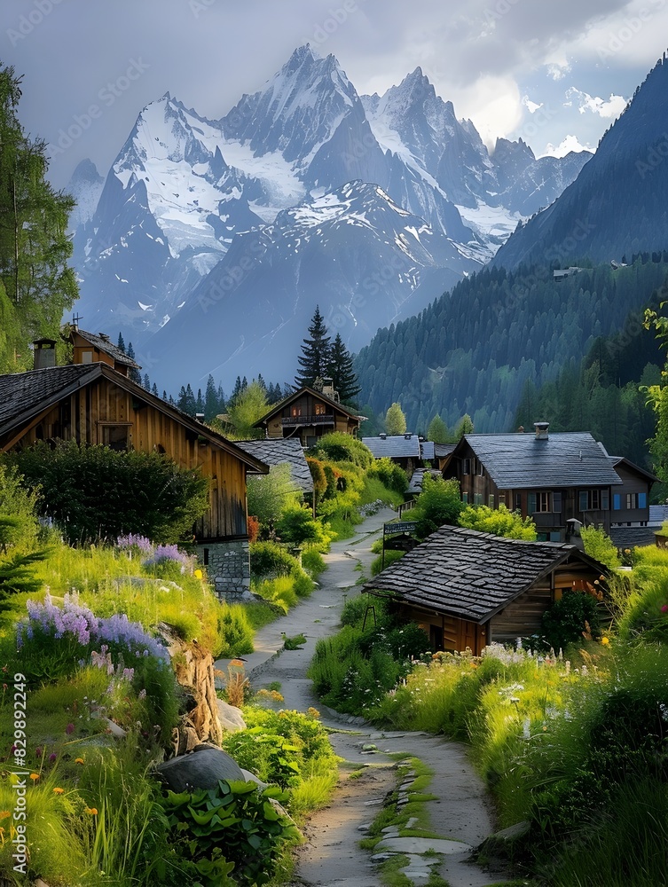 Idyllic Alpine Village Nestled Amidst Majestic Snow Capped Mountains and Lush Greenery Idyllic Alpine Village Nestled Amidst Majestic Snow Capped Mountains and Lush Greenery