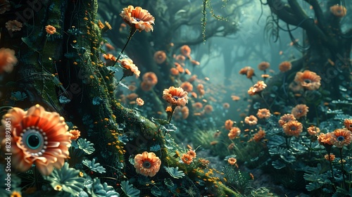 A surrealistic garden with flowers having eyes and mouths  whimsical and bizarre landscape  vibrant colors  dreamy atmosphere  floating elements  twisted vines  otherworldly scenery