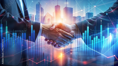 Multi exposure of abstract virtual financial graph hologram on business partners shaking hands background, forex and investment concept