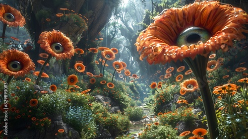 A surrealistic garden with flowers having eyes and mouths, whimsical and bizarre landscape, vibrant colors, dreamy atmosphere, floating elements, twisted vines, otherworldly scenery photo