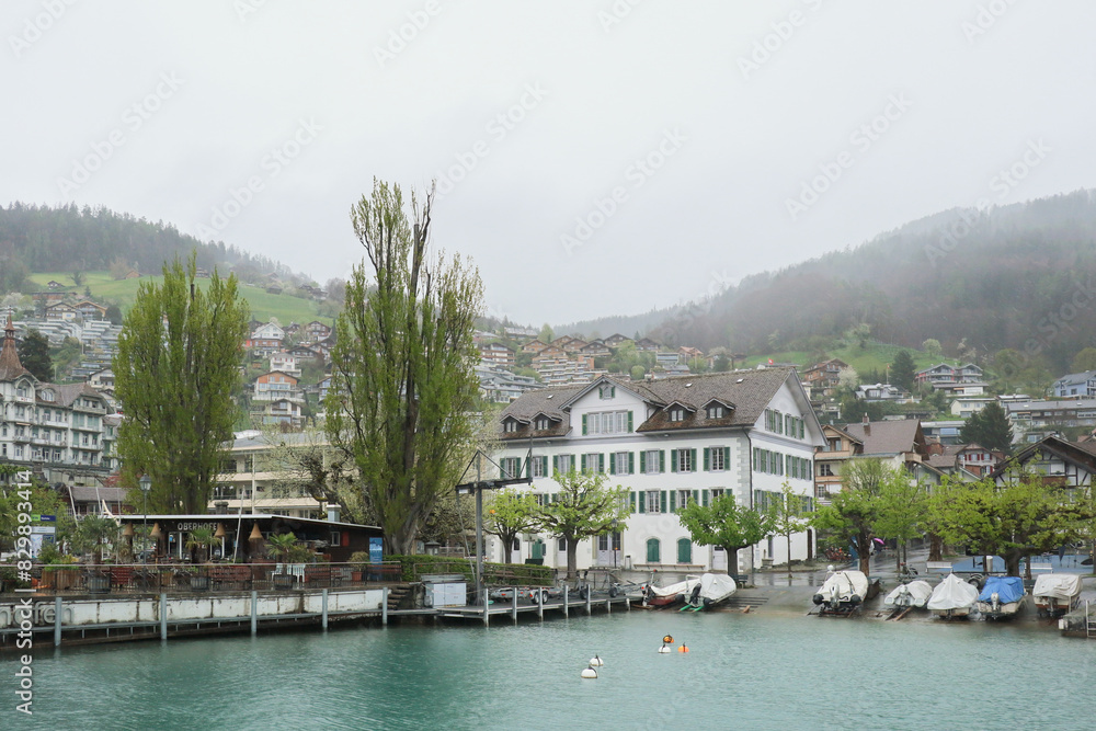 Thun, Switzerland - 9 April 2024. Switzerland Boat trip on Lake Thun in Switzerland. Incredible landscapes and views from the boat