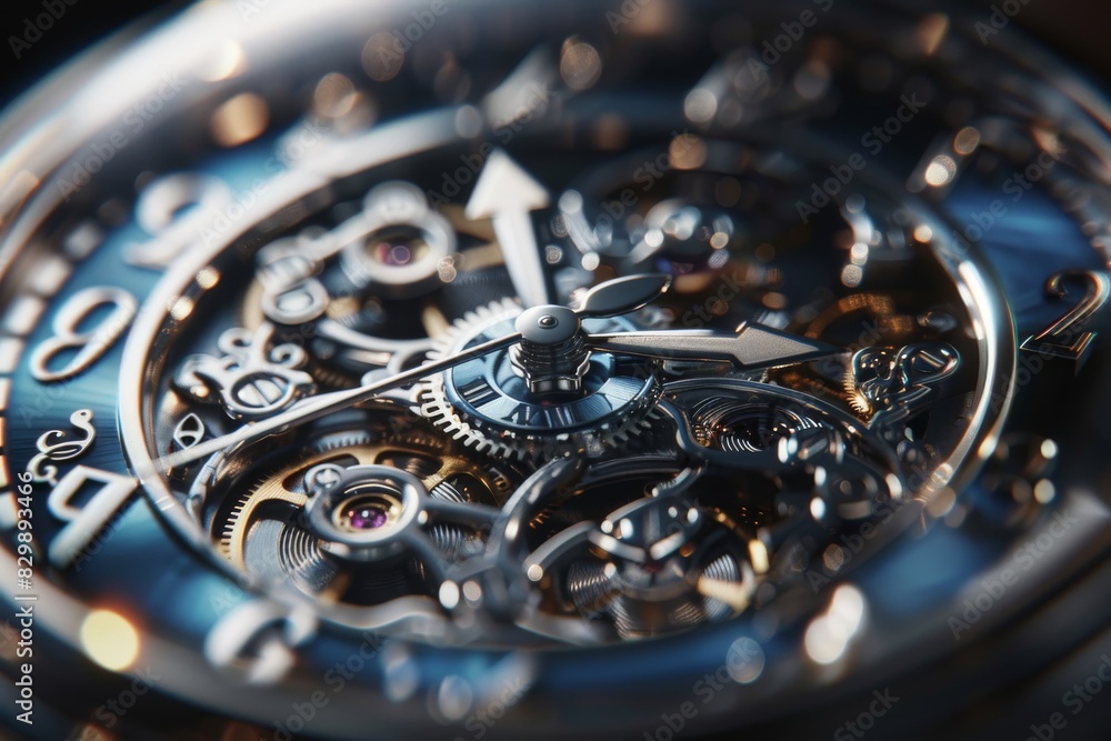 A close up of a watch with a blue face and gold hands A close up of a watch with a blue face and gold hands