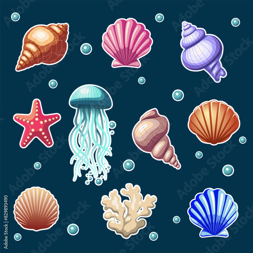 Summer vector icon set for sticker. A collection of seashell stickers