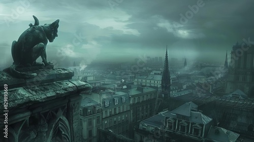 ancient gothic gargoyles perched atop cathedral watching over city below atmospheric photograph photo