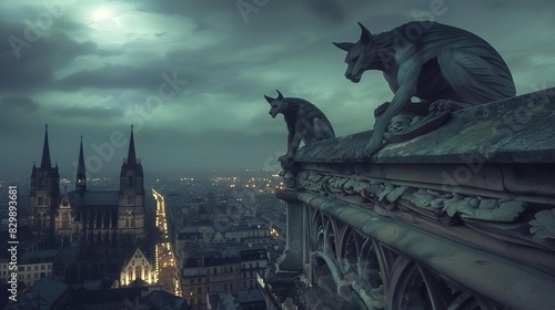 ancient gothic gargoyles perched atop cathedral watching over city below atmospheric photograph photo