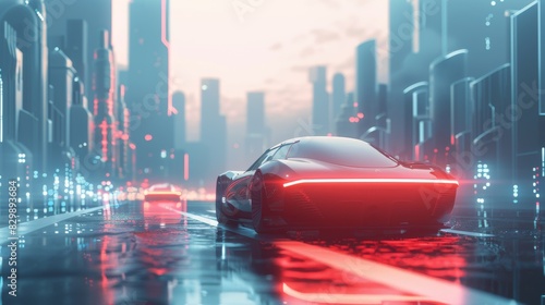 A futuristic car is driving down a wet road in a city