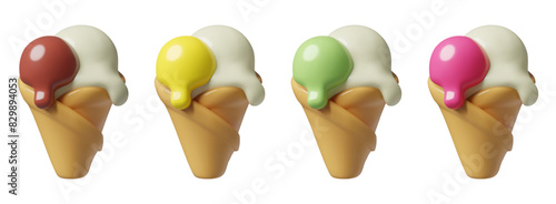 Ice cream cones 3d vector icons. Different color melting scoops in waffle cups. Three dimensional cute food summer emoji.