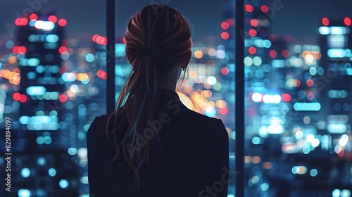 A businesswoman with her back to the camera, wearing professional attire and looking out the office window at city lights.
