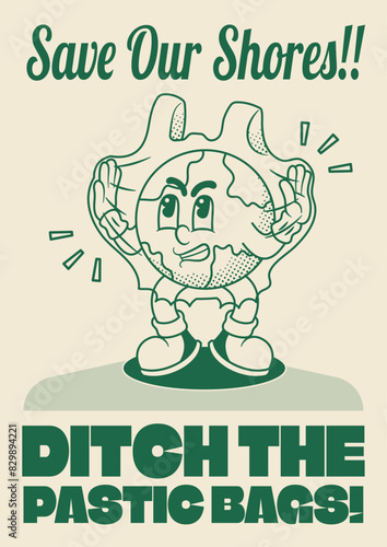 Plastic Pollution Poster with Earth Retro Mascot Illustration Outline Version