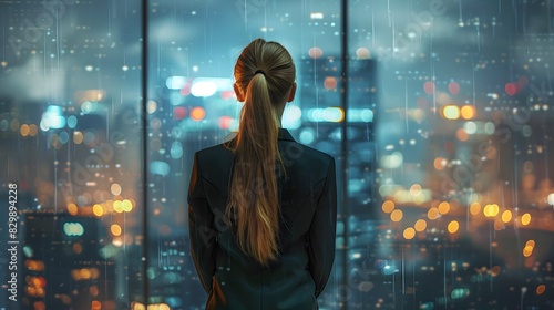A businesswoman with her back to the camera, wearing professional attire and looking out the office window at city lights.