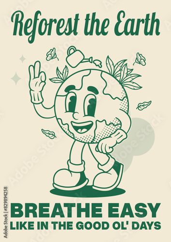 Reforest Poster with Earth Retro Mascot Illustration Outline Version