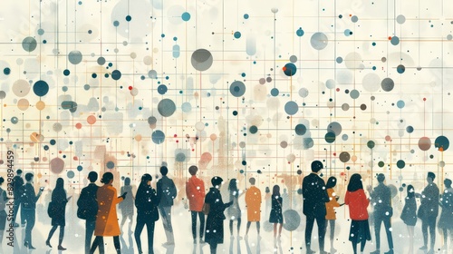 Create a digital illustration of people connecting through technology. Depict individuals using phones or laptops, connected by lines symbolizing digital communication. Use a minimalist style with