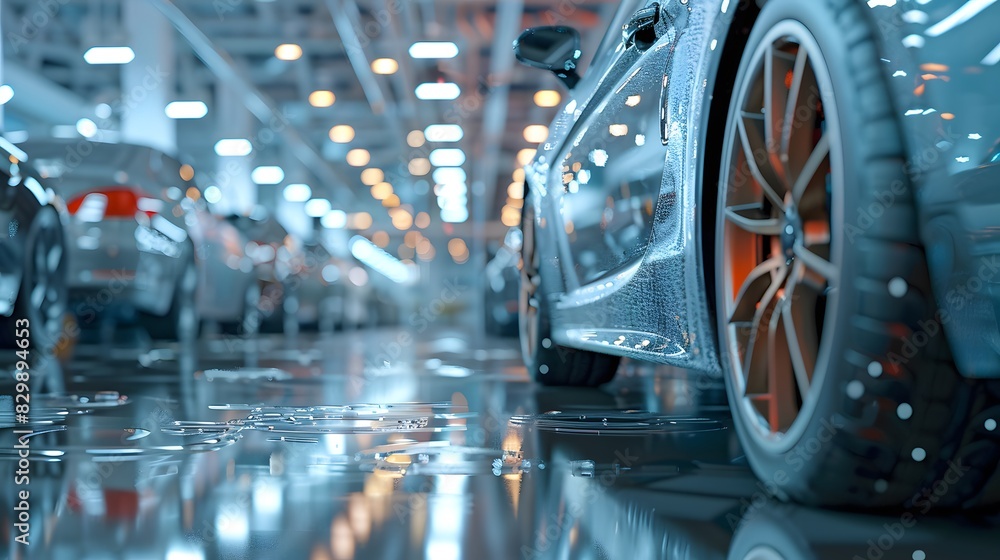 A car showroom with cars parked on the left, blurred background, and a closeup of one gray vehicle's tires in focus.