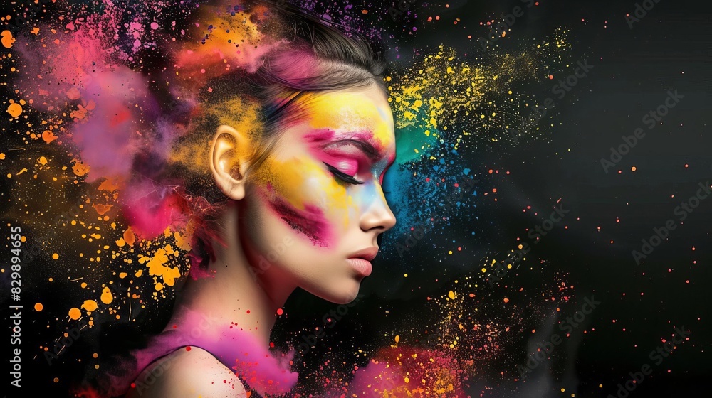 beautiful woman with colorful face paint and powder splash fashion and beauty concept digital art