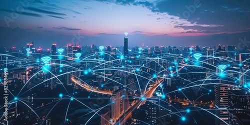 The city is connected by a network of glowing lines.