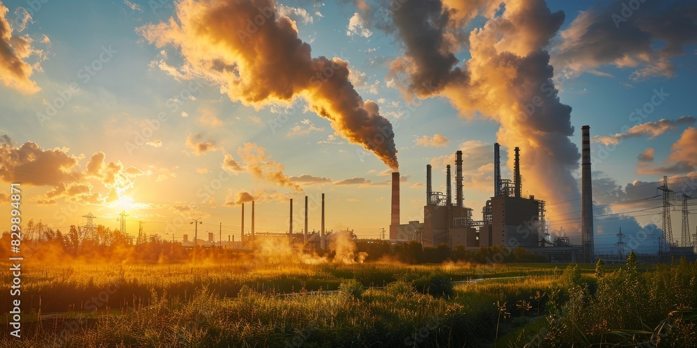 The factory is emitting dark smoke into the sky. The sun is setting in the background. The scene is a warning about the dangers of pollution. The factory is emitting dark smoke into the sky. The sun is setting in the background. The scene is a warning about the dangers of pollution.