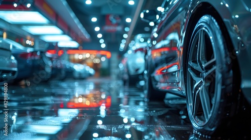 A car showroom with cars parked on the left, blurred background, and a closeup of one gray vehicle's tires in focus. © horizon