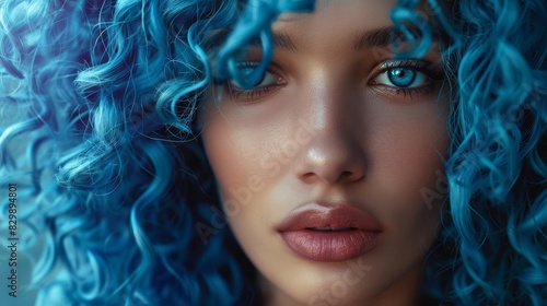 beautiful woman with vibrant blue curly hair fashion portrait photography photo