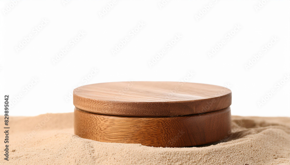 Wooden podium on sand against white background. Space for text Wooden podium on sand against white background. Space for text