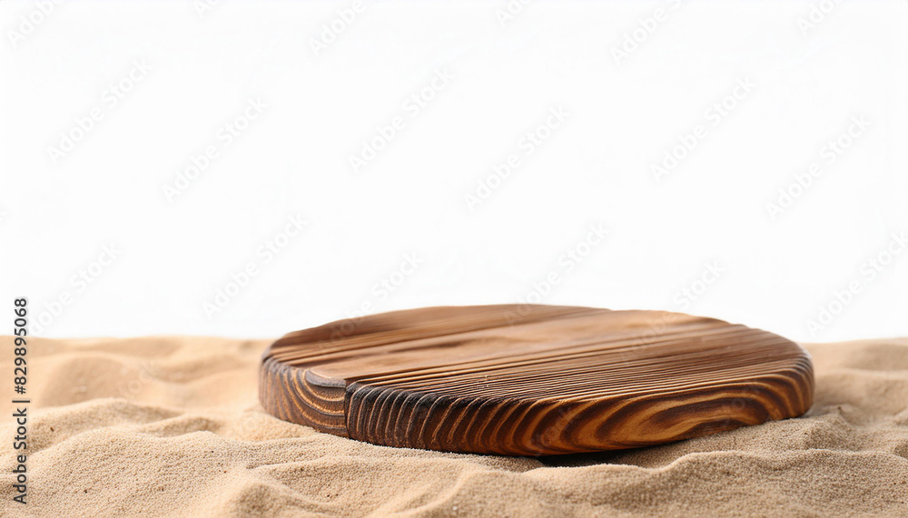Wooden podium on sand against white background. Space for text Wooden podium on sand against white background. Space for text