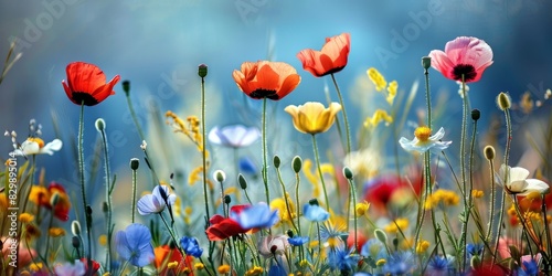 Wallpaper Mural The image shows a field of colorful wildflowers, including red poppies, yellow buttercups, and blue cornflowers. Torontodigital.ca