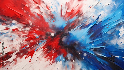 A vibrant artwork showcasing splashes of red, white, and blue paint, creating a patriotic color scheme.