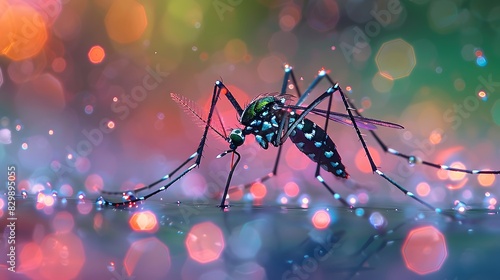 A closeup of a spacious green and black mosquito with its long, fine legs standing on the surface of water droplets, with its head raised towards the sky, surrounded by blurred colorful light spots.
