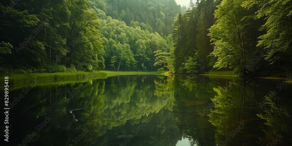 The photo shows a beautiful green forest with a river running through it The photo shows a beautiful green forest with a river running through it