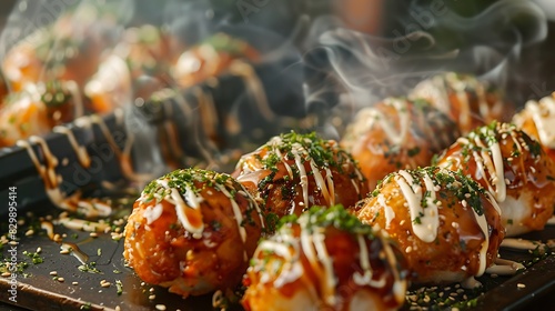Takoyaki, ball-shaped Japanese snack cooked in a special molded pan.