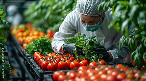A woman wearing a mask is picking up a tomato photo