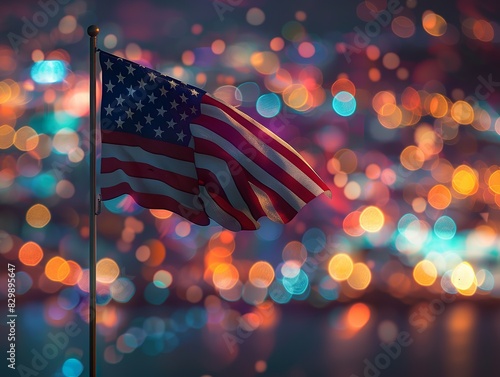 The American flag is flying in the night sky above a city