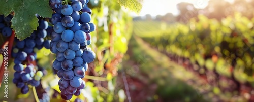Close-up of blue grape cluster hanging on blurred Row of vineyards background. Grape farm. Plantation of grown fruits for juice  wine production. Ripe grape vine bunches on branch with leaves. Sunset.