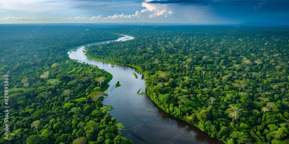 The photo shows a wide river flowing through a dense green forest