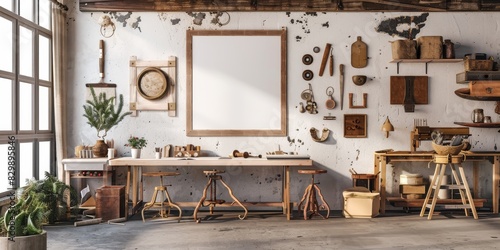 The photo shows a vintage workshop with a large wooden frame on the wall, a workbench, and various tools and decorations. © kiimoshi