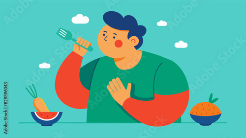 A man listening to his bodys hunger cues and eating until he is satisfied rather than finishing every last bite on his plate.. Vector illustration