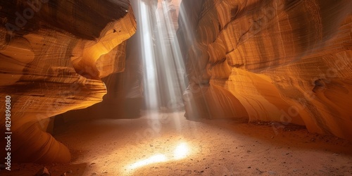 The sun shines through a hole in the cave, illuminating the cavern with a warm glow. photo